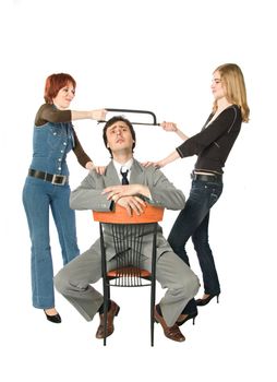 Two women sawing a man, white background