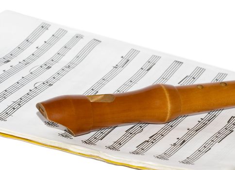 A soprano recorder on a sheet music