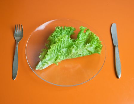 A lettuce leaf on a glass plate, fork and knife