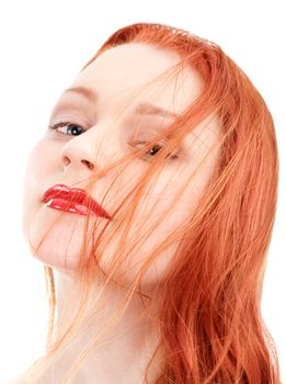 Young redhead girl on isolated white background