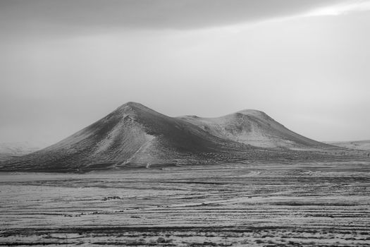 Overcast weather after a snowstorm, natural grayscale image. January, eastern Anatolia, Turkey.