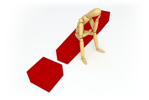 lay figure sitting thinking on red exclamation mark