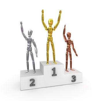 three people/lay figures on a victory podium covered in gold, silver bronze