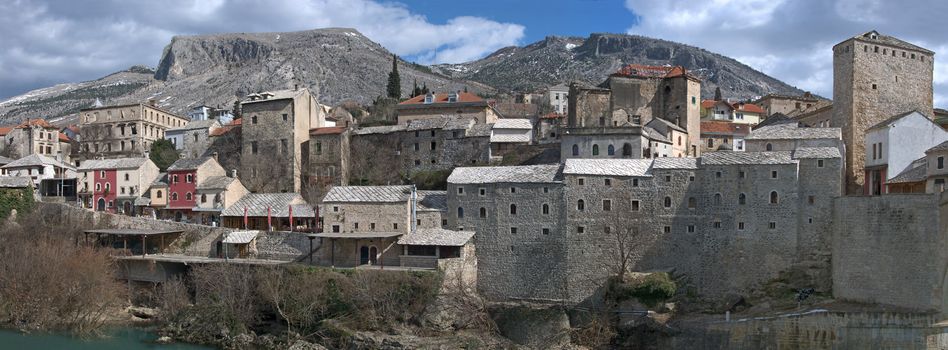 Panorama of Mostar Old Town on a sunny winter day.