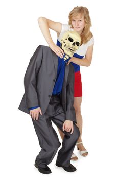 Girl choking a man in a mask of death isolated on a white background