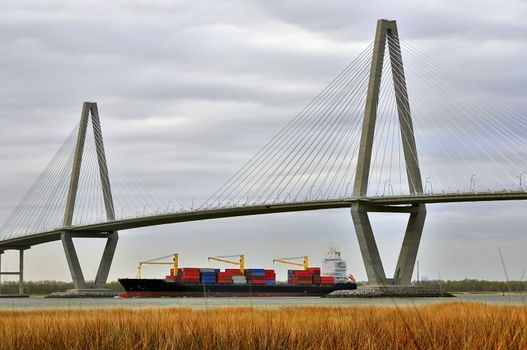 Container ship passing under Aurthur Ravenel Bridge