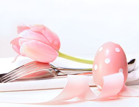 Closeup of tulip and utensils on pale pink background