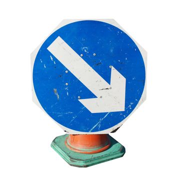 Direction sign with white arrow over blue background