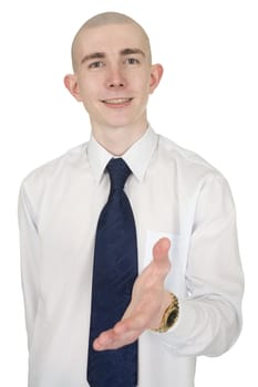 Business man with an open hand ready to seal a deal