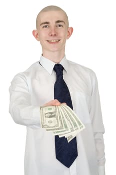 The smiling man in a white shirt with money in a hand