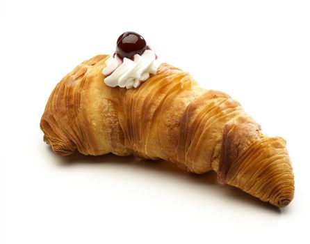 Sweet lobster tail whit cream and black cherry isolated on white
