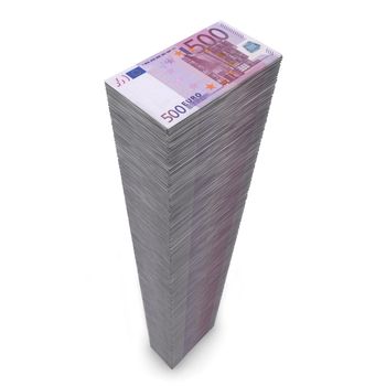 massive money pile of 500 Euro notes on white background