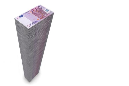 massive money pile of 500 Euro notes on white background