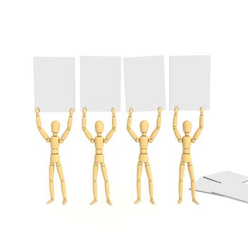 four wooden lay figures/dolls holding posters - image template