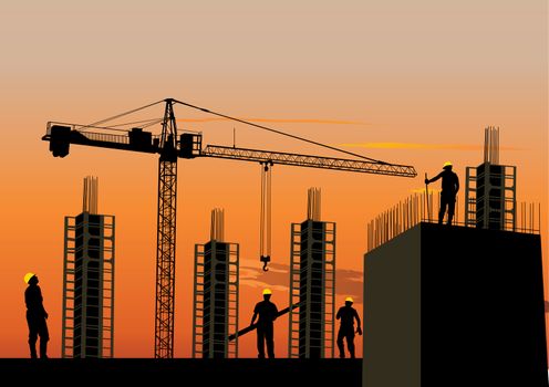 Silhouette of construction site with workers and scaffolding at sunset sky