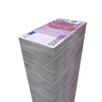 massive money pile of 500 Euro notes on white background