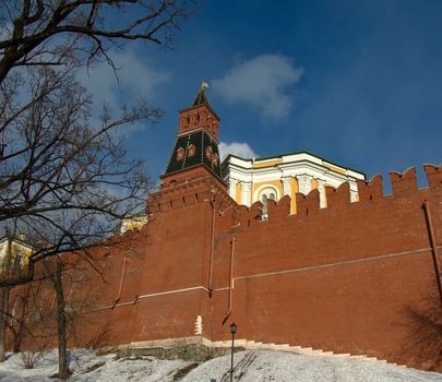 Weapon tower Moscow kremlin  against the blue sky