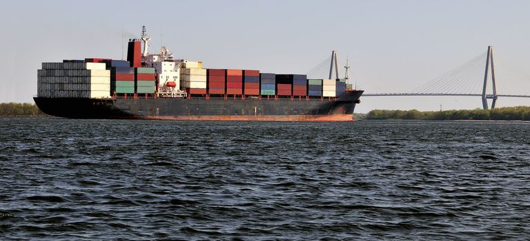 Container ship approaching the Aurthur Ravenel Bridge