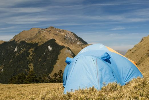 Special tent set on the grassland of high mountain.