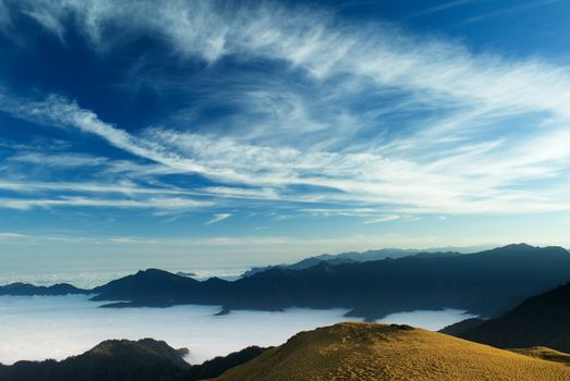 beautiful clouds fly over the grassland in high mountain.