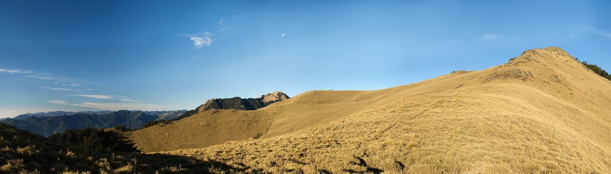 Beautiful panorama mountain landscape with golden grassland in morning.