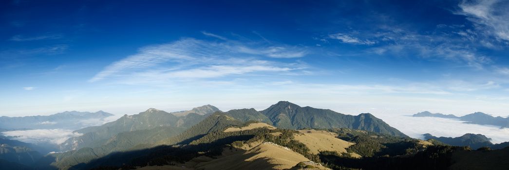 Beautiful panorama mountain landscape with blue sky.