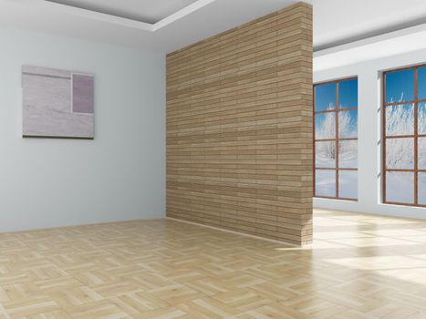 Empty room. Landscape behind the open window. 3D image