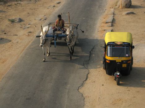 An auto rickshaw next to a buffalo drawn cart, India.