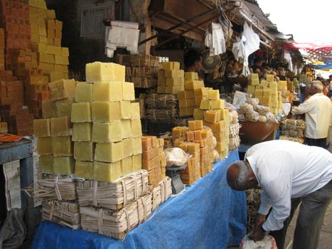 A market stall selling unrefined cane sugar - jaggery