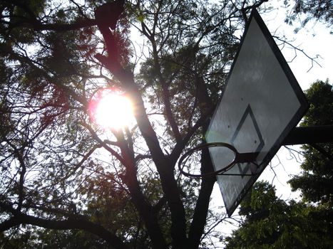 A basketball ring and backboard, with the sun behind