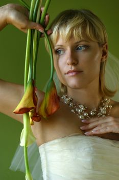 Flowers �allas in hands of the beautiful bride on a green background