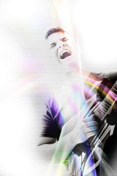 Abstract illustration of a young man rocking out with his electric guitar.