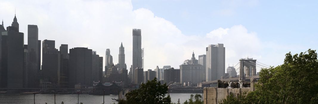 A panoramic image of the New York City Manhattan skyline including the Brooklyn bridge  bridge.