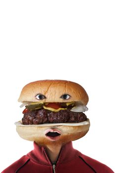 A man with a hamburger as a  head.  They say you are what you eat!  