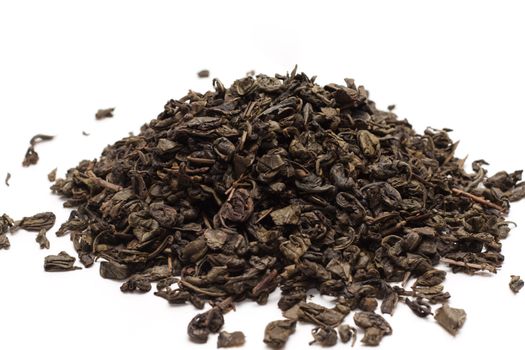 Green tea, dry, sheet insulated on white background