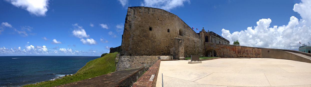 A wide angle panoramic view of the historic San Cristobal fortification located in Old San Juan Puerto Rico.