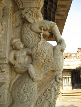 A sculpted Pillar from a Vijaynagan building, India
