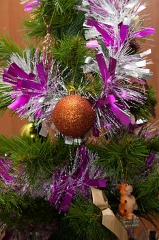 Fir tree, cristmas, new year's embellishment, golden ball, tinsel