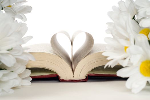 A romance novel with artificial daisies and a heart made with the pages