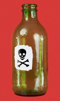 Green bottle with sticker skull and crossbones