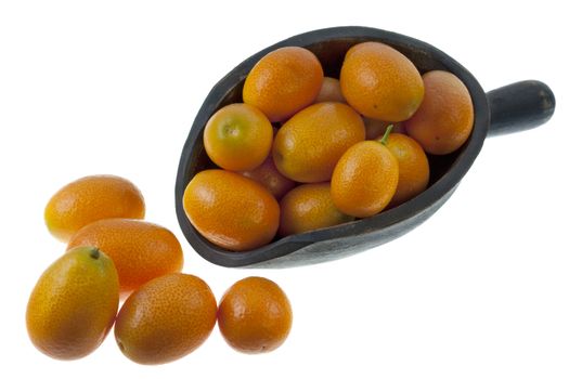 bright orange kumquats on a rustic, wooden scoop, isolated on white