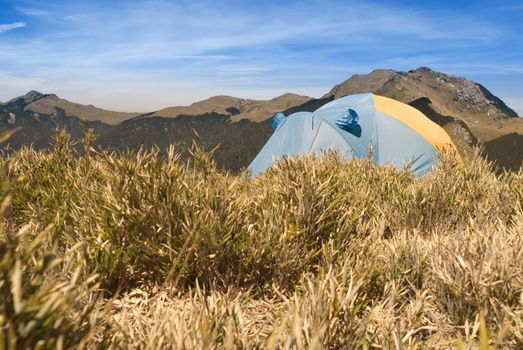 Special tent set on the grassland of high mountain.