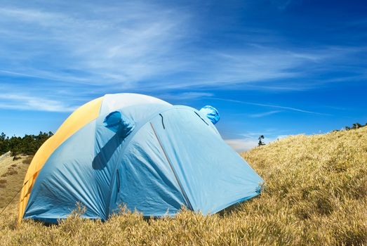 Special tent set on the grassland of high mountain.