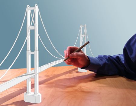 Architect drawing a suspension bridge in 3d on his desk