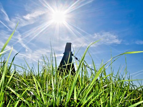 Beautiful fresh grass against sun at spring with blue sky and harvest machinery