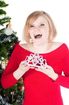 Happy woman with Christmas presents and tree isolated on white