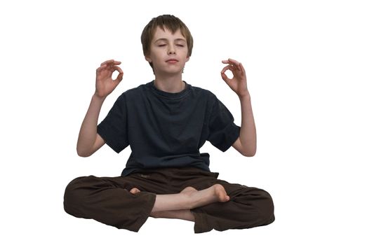 an isolated image of a child sitting in the meditation postition.