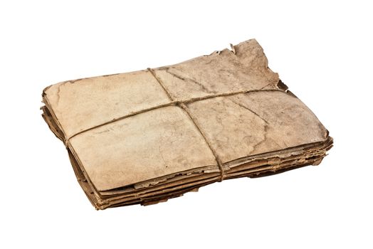 old paper parcel tied with string on white background, clipping path.