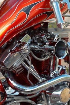 Powerful V-2 engine of a customized motorbike