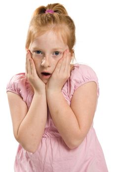 little girl is shocked isolated on white